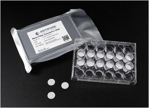 Диски для 3D культивирования полученные методом электроформования, невыровненные нановолокна, материал нанесен линейно, толщина подложки 18 мкм, 96 луночный планшет