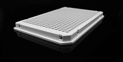 Планшеты для ПЦР, 384-лун., с юбкой, прозрачные лунки, белая рамка, полипропилен